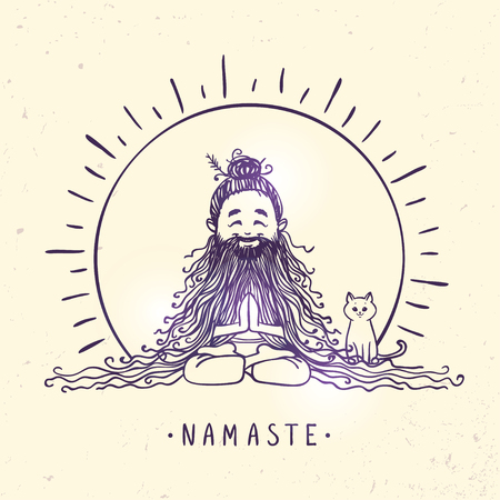Character man in lotus meditative pose with beard and cat. Vector illustration. Practicing Yogaのイラスト素材