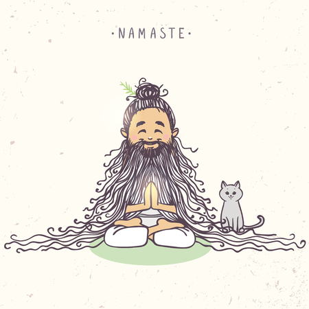 Character man in lotus meditative pose with beard and cat. Vector illustration. Practicing Yogaのイラスト素材