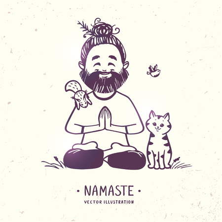 Character positive man with cute cat, squirrel and bird in greeting pose namaste. Vector illustration. Practicing Yogaのイラスト素材