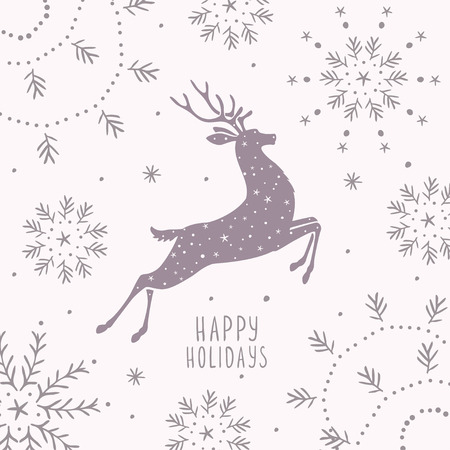 Beautiful silhouette stylized deer in jumping. Cartoon fairy deer. Amazing winter holiday card. Vector illustrationのイラスト素材