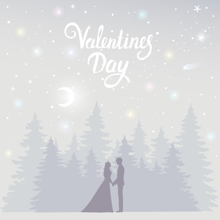 Romantic silhouette of loving couple in forest a starry night. Valentines Day. Happy Lovers. Romantic card. illustrationのイラスト素材