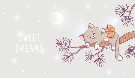 cat sleeps on a branchのイラスト素材