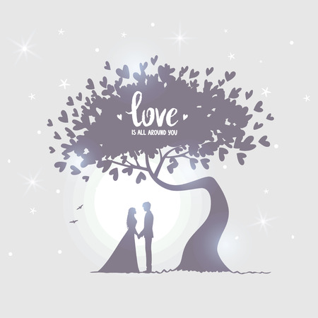 Romantic silhouette of loving couple under amazing tree with hearts in the moonlight. Valentines Day. Happy Lovers. Beautiful romantic card. Vector illustrationのイラスト素材