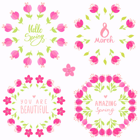 Set of stylish beautiful floral wreath with text. Vector illustration. Spring bouquet flowersのイラスト素材