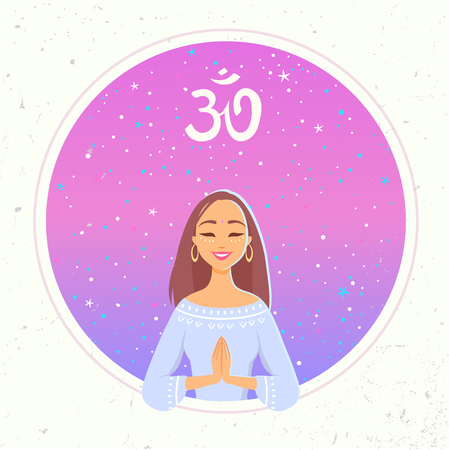 Amazing cartoon girl in greeting pose namaste. Practicing yoga. Vector illustration. Young and happy woman meditatesのイラスト素材