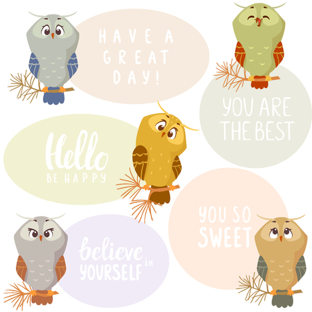 Beautiful and funny five different owls sitting on a branch pine tree and with sample text.のイラスト素材