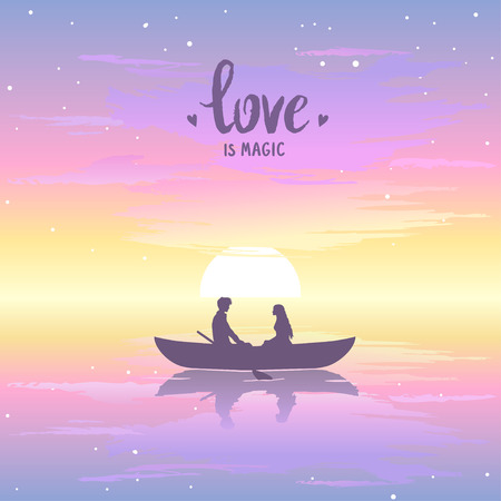 Romantic silhouette of loving couple at sunset in a boat. Valentines Day. Happy Lovers. Vector illustration. Beautiful view at sunsetのイラスト素材