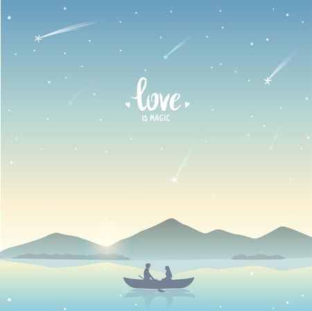 Romantic silhouette of loving couple in a boat during the stargazing. Valentines Day. Happy Lovers. Vector illustration. Beautiful view at sunsetのイラスト素材