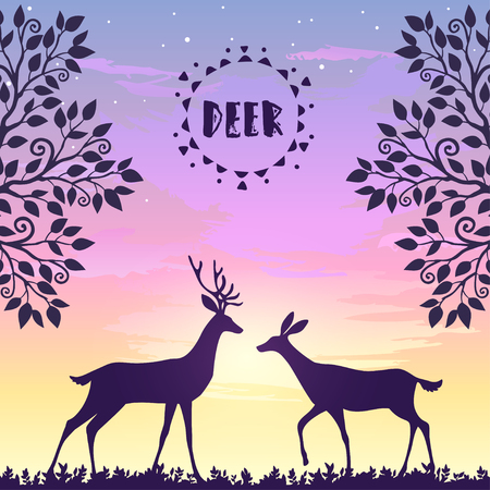 Beautiful silhouette of two stylized deer walk during a beautiful sunset. Stylish vector illustration. Silhouette Deerのイラスト素材