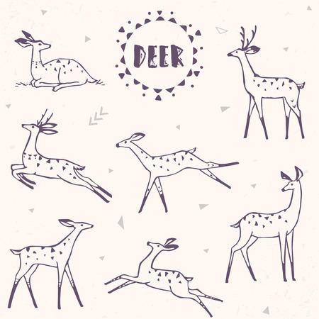 Amazing set with silhouette doodle stylized deer. Vector illustrationのイラスト素材