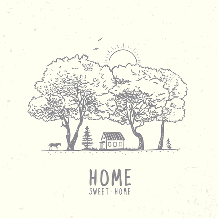 Beautiful hand drawn doodle with view on home and amazing trees. Vector illustration, sketch.のイラスト素材