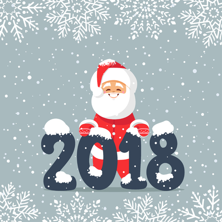 Beautiful character cute and funny Santa Claus with text 2018. Holidays stylish poster. Vector illustration. Christmas and new year greeting cardのイラスト素材