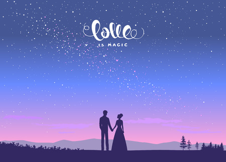 Happy Valentines Day illustration. Romantic silhouette of loving couple at night under the stars. Vector illustrationのイラスト素材