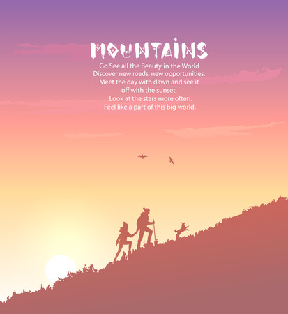 Beautiful view on mountains with silhouette of couple and with dog. Amazing sunrise. Vector illustration. Panorama of the nature. Traveling climbのイラスト素材