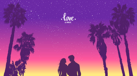 Romantic silhouette of loving couple at scenic sunset on tropical beach with palm trees. Happy...