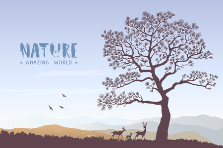 Beautiful view on a mountains and a herd of deer during dawn and big tree. Stylish vector illustrationのイラスト素材