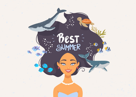 Cartoon summer girl with long hair and whales and fishes. Vector illustrationのイラスト素材