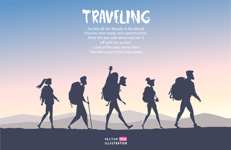 Silhouette of cartoon traveling people. Climbing on mountain. Vector illustration hiking and climbing teamのイラスト素材
