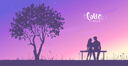 Happy Valentines Day illustration. Romantic silhouette of loving couple sit on a bench near a tree. Vector illustrationのイラスト素材