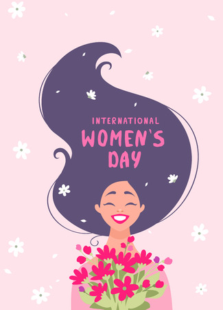 8 March, International Women's Day. Charming happy girl with long hair with sample text and flowers. Vector illustrationのイラスト素材