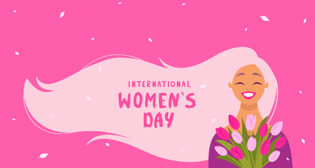 8 March, International Women's Day. Charming happy girl with long hair with sample text and flowers. Vector illustrationのイラスト素材