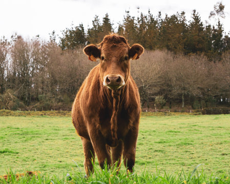 Brown cow grazes in a meadow in the forest looking at camera. Outdoors, animals.