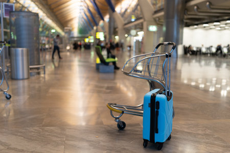 Empty luggage cart with a blue suitcase next to it, at an airportの写真素材