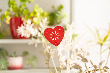 A red wooden heart surrounded by plantsの写真素材