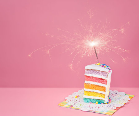 Slice of  birthday cake on a pink background with rainbow layers and sparkler.の写真素材