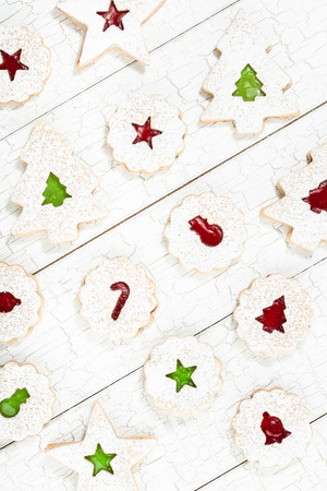 Overhead view of Christmas linzer cookiesの写真素材