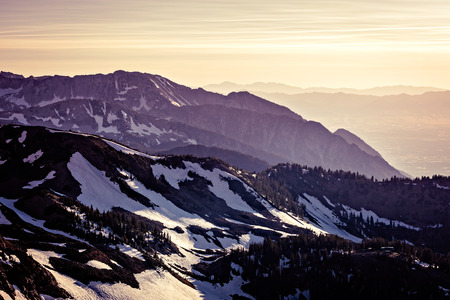 Dusk in in the Mountains at Snowbird Ski and Summer Resort, Little Cottonwood Canyon, Utah.の写真素材