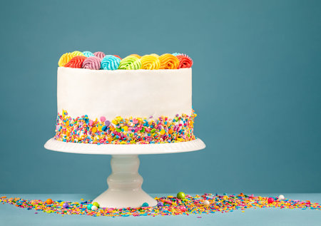 White Birthday cake with rainbow icing and colorful Sprinkles over a blue