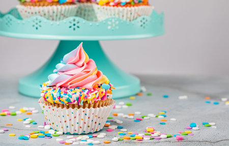 Rainbow swirl Birthday cupcake with colorful sprinkles in front of a blue cake stand over light grey...