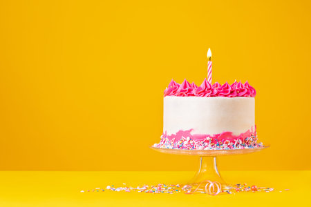 Birthday Cake with pink buttercream icing, colorful sprinkles and lit birthday candle over a bright...