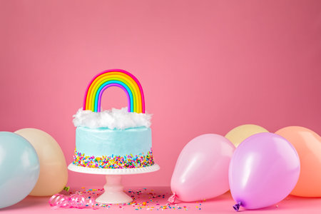 Blue Birthday Cake with Rainbow and party balloons on Pinkの写真素材