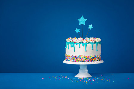 Fun White Birthday cake with trendy teal ganache drips, colorful sprinkles and star toppers over a...