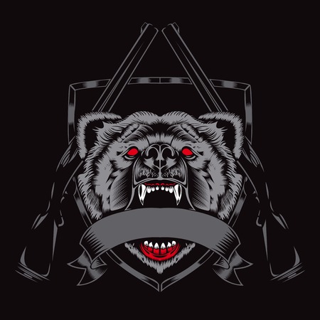 Illustration of fury bear head with weapons. Red eyes.のイラスト素材