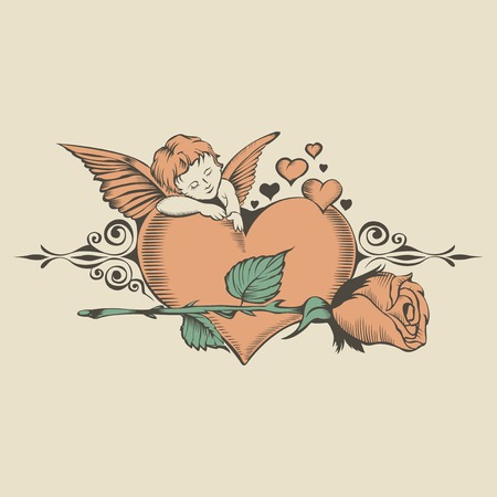 Illustation of Valentine's Day card with Cupid and Heartのイラスト素材