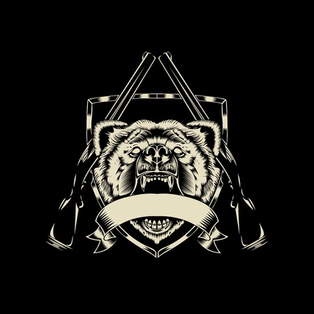 Illustration of angry bear head with weapons. Black and white style.のイラスト素材
