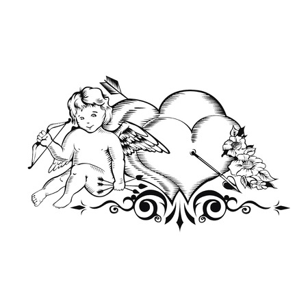 Valentine card. Image of Cupid and two hearts with an arrow.のイラスト素材