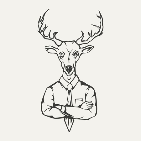 illustration of deer hipster. Black and white styleのイラスト素材