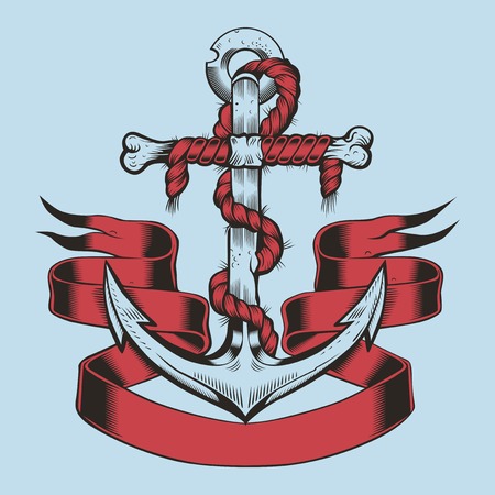 Illustration of anchor with red ribbon and rope.のイラスト素材