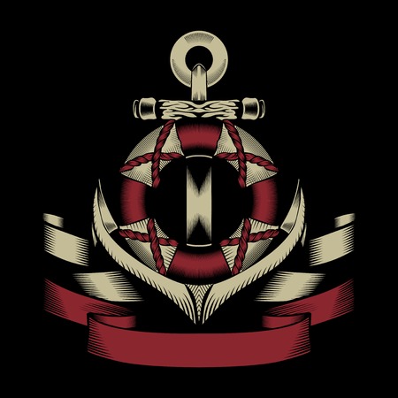 Illustration of anchor with lifebuoy, ribbon and rope.のイラスト素材