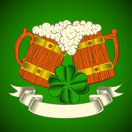 Two wooden mugs of beer on a green background. Ribbon and clover.のイラスト素材