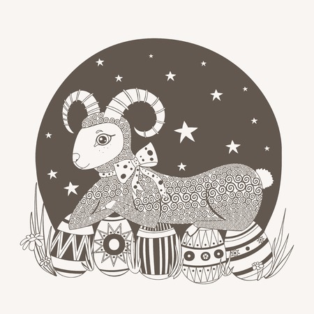 Lamb with bow lying beside painted Easter eggs on background of the sky.のイラスト素材