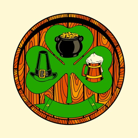 Round wooden shield with shamrock. Clover, hat, beer.のイラスト素材