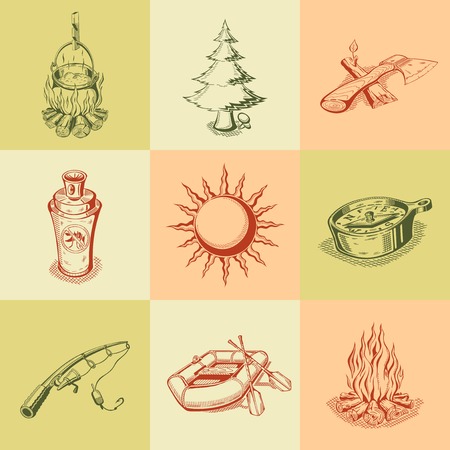 It is a set of different camping icons. Colored.のイラスト素材