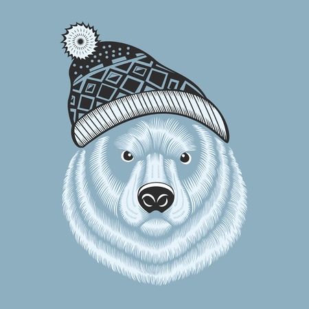 Illustration of bear hipster in knitted hat with jacquard pattern. Monochrome.のイラスト素材