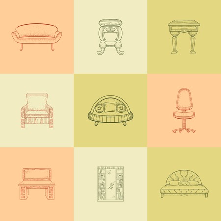 It is a nine  illustrations of home furniture on different color background.のイラスト素材