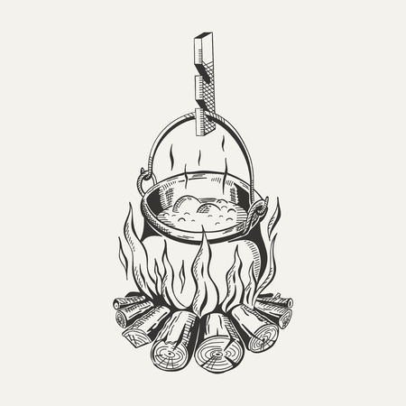 Image tourist pot of food on a fire.のイラスト素材